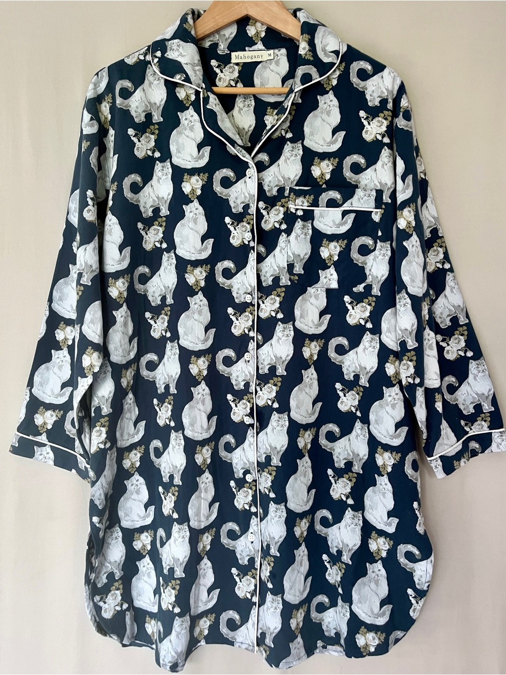 Mahogany Cat Print Flannel Nightshirt Medium 100% Cotton Navy Pajama Sleep Shirt